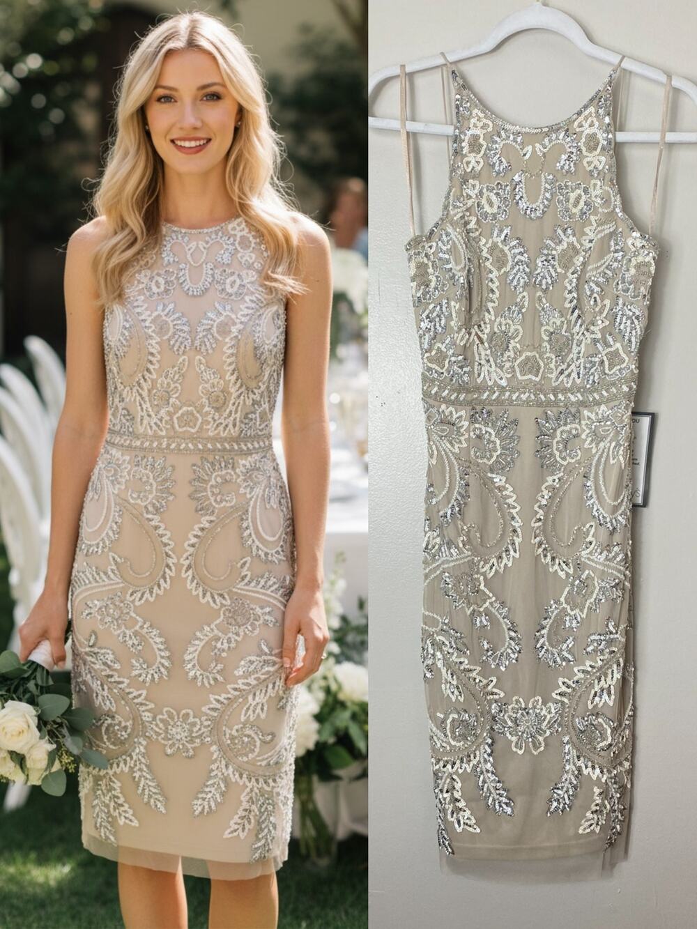 Adrianna Papell Nude White Sequin Beaded Mini Dress Bridal Wedding